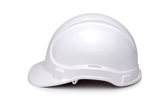 White hardhat viewed from side and isolate on white.