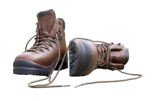 A pair of brand new hiking boots isoltaed on white.Concept prepared, ready, enduring, endurance, ready for anything.
