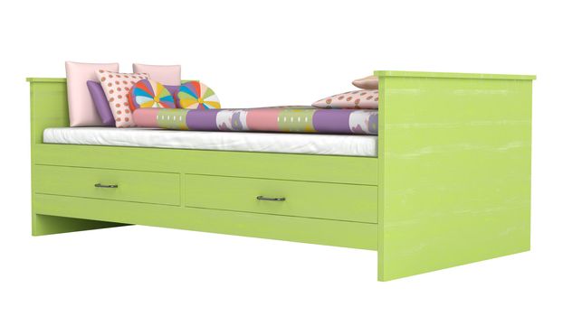Green wooden bed with storage drawers and a colourful patchwork duvet or comforter and cushions isolated on white