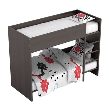 Modern black double bunk bed with colourful bedding with geometric patterns and a ladder leading to the second bed which has high protective sides isolated on white