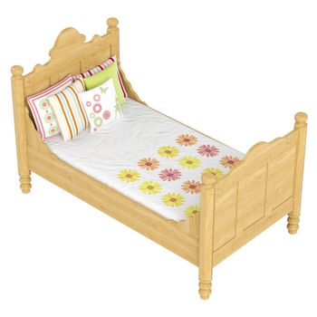 Wooden double bed in light oak with pretty floral patterned bedlinen isolated on white