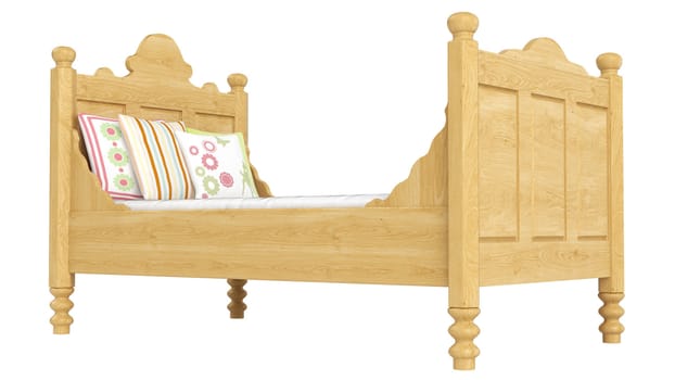 Wooden double bed in light oak with pretty floral patterned bedlinen isolated on white