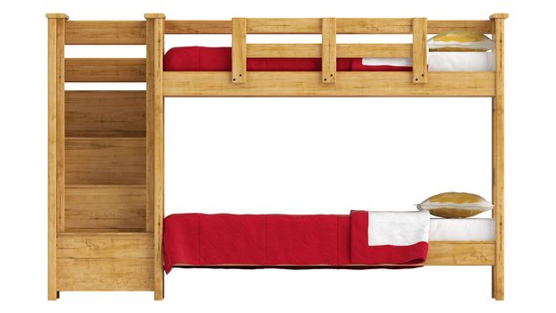 Wooden double bunk bed with a lattice framework and stairs and red bedlinen isolated on white