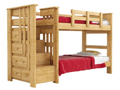 Wooden double bunk bed with a lattice framework and stairs and red bedlinen isolated on white