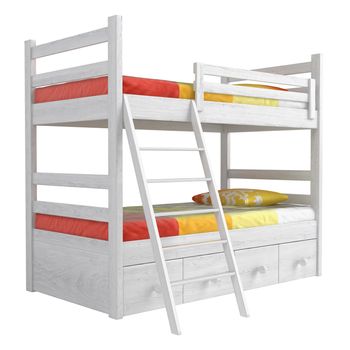 Double bunk bed with storage drawers and a ladder painted white with colourful orange bedding isolated on white