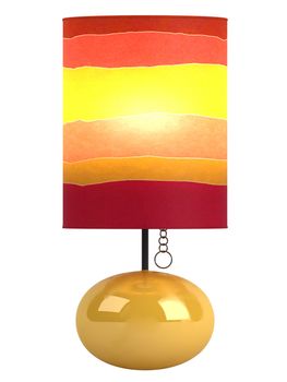 Colourful cylindrical lampshade in shades of red, yellow and orange with a burning globe and shiny oval ceramic base isolated on white