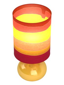 Colourful cylindrical lampshade in shades of red, yellow and orange with a burning globe and shiny oval ceramic base isolated on white