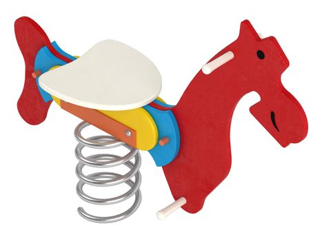 Colourful toy jumping horse with a seat for a child above a saddle and a large metal spring underneath for bounce and fun isolated on white