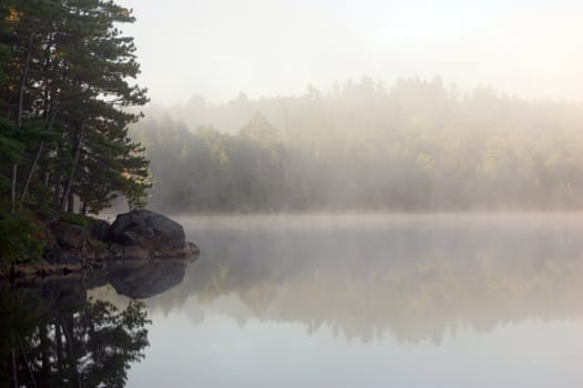 Fog above forest lake in Killarney Park in the morning