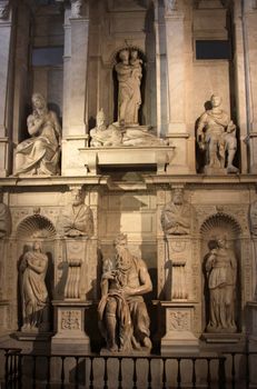 Michelangelo's Moses in the church of San Pietro in Vincoli in Rome, Italy. The sculpture was completed in 1515 AD.