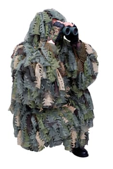 Army scout in camouflage uniform with binoculars isolated