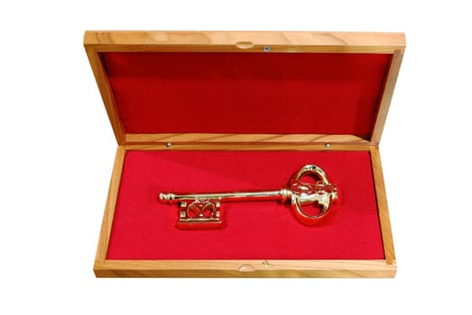 Golden key in wooden box isolated