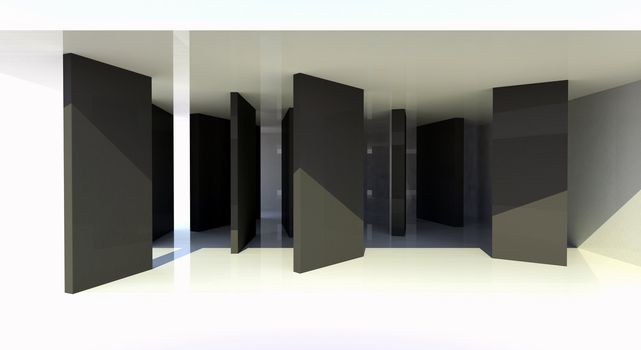 Room with black partition, abstract architecture - 3d illustration 