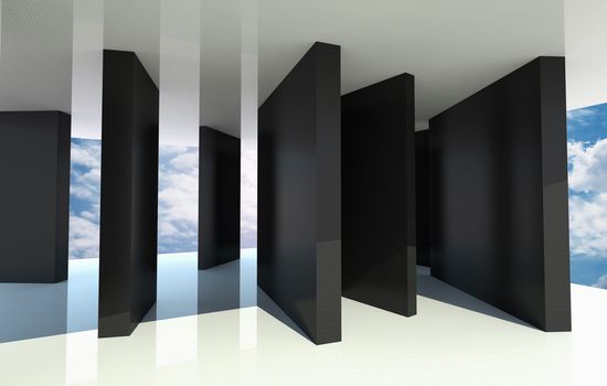 Abstract architecture with black partition and blue sky on background