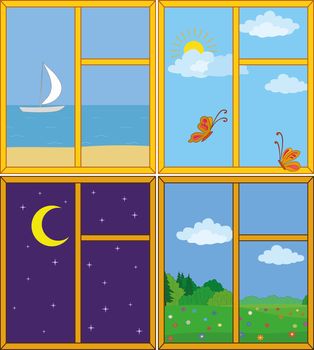 Set windows with landscapes: sea and ship, butterflies in the sky, moonlit night, flower meadow