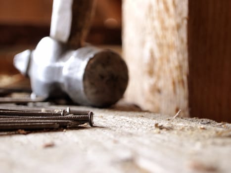rusty nails and  old hammer