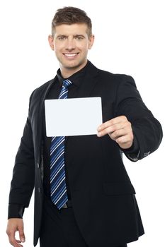 Business consultant presenting blank placard isolated over white background