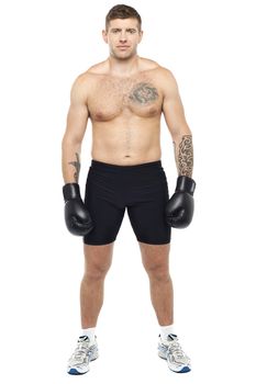 Full length picture of young muscular boxer isolated over white background