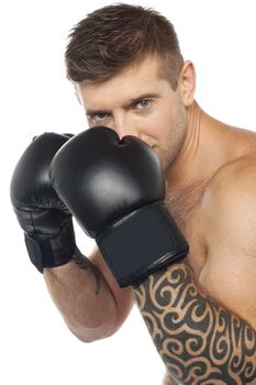 Portrait of caucasian male boxer ready to punch with his gloves on