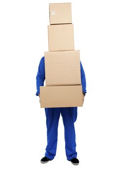 Guy overloaded with pile of cartons isolated against white background