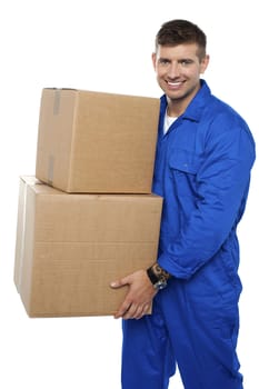 Relocation assistant staff carrying cardboard boxes isolated against white background