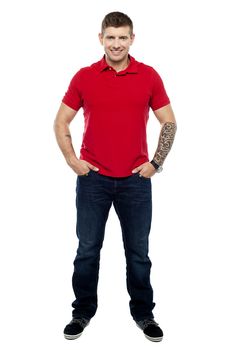 Stylish portrait of trendy young guy. Full length shot