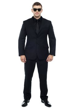 Full length picture of smart security personnel isolated against white