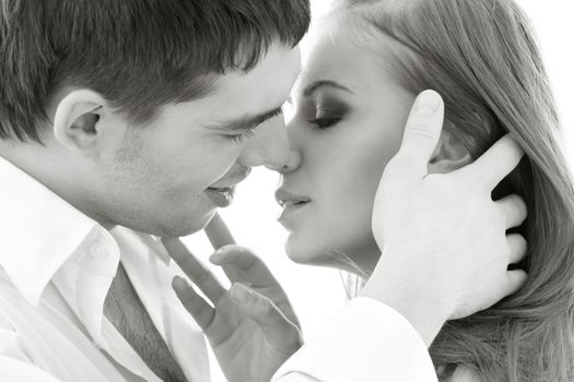 monochrome picture of couple in love over white