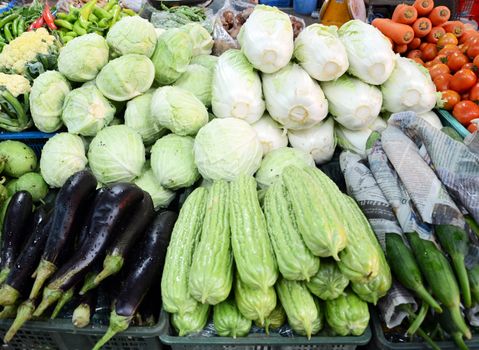 Assorted fruit and vegetable trays in the street market, thailand