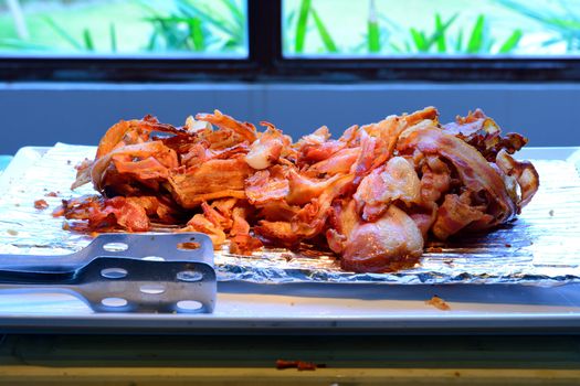 close up crispy fried bacon on buffet table for breakfast