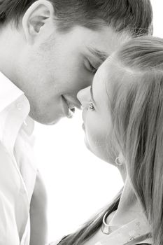 monochrome picture of couple in love over white