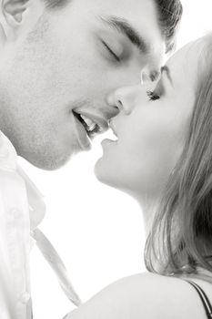 monochrome picture of couple in love over white