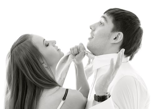 monochrome picture of conflicting couple over white