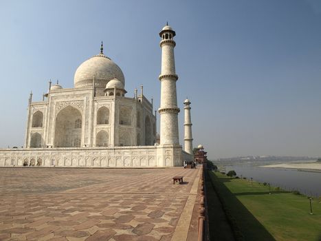 View of the Taj Mahal and the backyards on the banks of Yamuna river