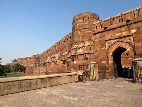 Entrance gate to the famous Agra Fort in Uttar Pradesh, India.