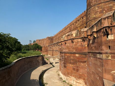 Walls of the famous Agra Fort in Uttar Pradesh, India.