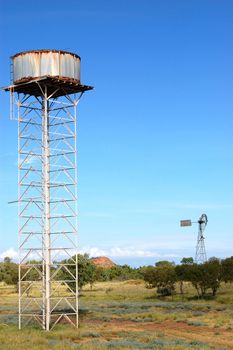 Water tank and windmill in Australian outback