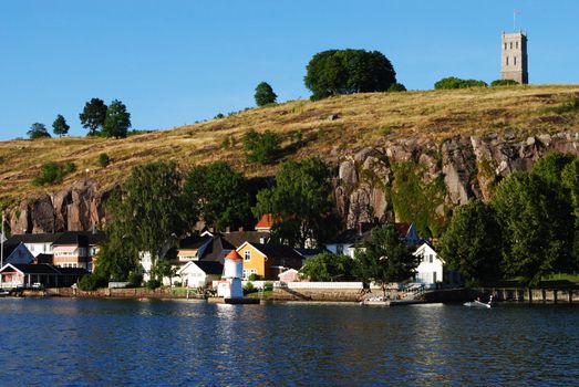 The Slottsfjell tower in Tønsberg, Norway, seen from the ocean.