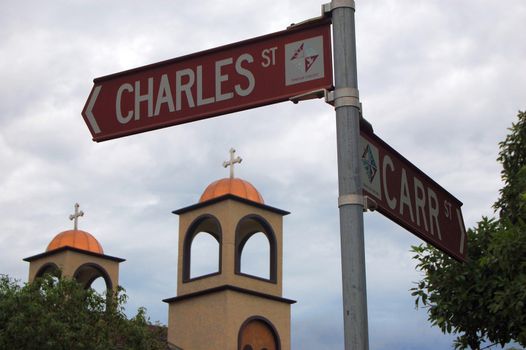 Road sign and church in Perth, Western Australia