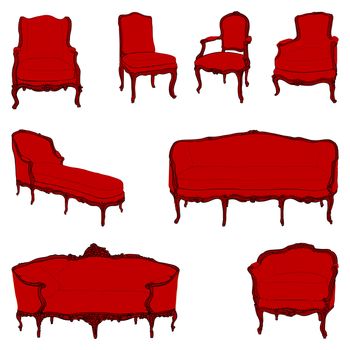 authentic rococo armchairs colored doodles set  isolated on white