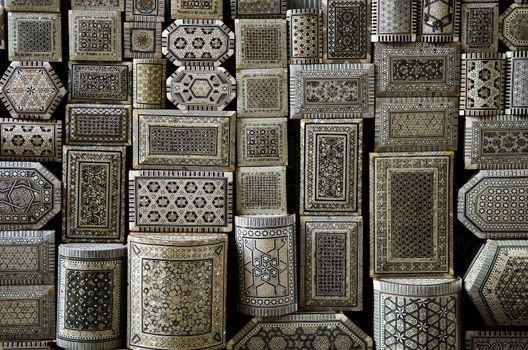 decorated souvenir boxes in cairo egypt souk market