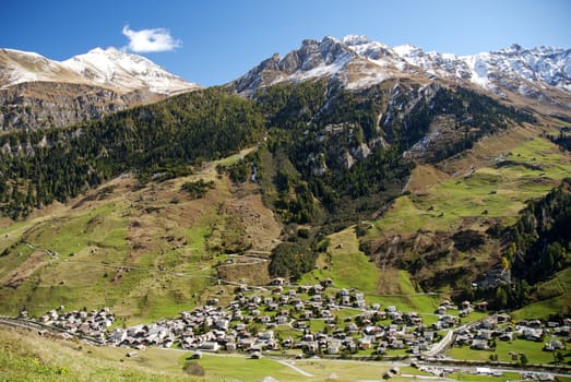vals village in switzerland alps with alpine mountain landscape