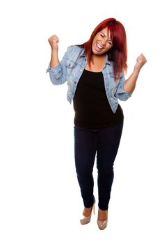 Young woman proudly cheering after weight loss isolated on a white background.