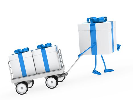 blue white gift box draws a trolley