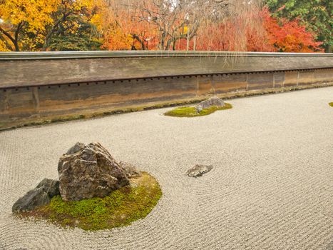 Famous rock garden of Ryoan-ji Temple in autumn, Kyoto, Japan