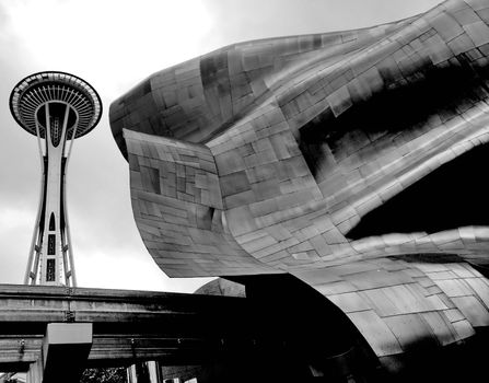 SEATTLE - SEPTEMBER 6: Experience Music Project (EMP) with Seattle monorail running through on September 6, 2011. EMP was designed by Frank Gehry and houses many rare artifacts from popular music history.