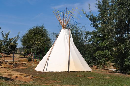 Teepee in the Forest with Blue Sky