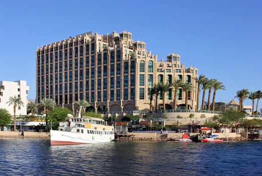 Eilat , Israel - April 14 : View on Hilton Eilat Queen Of Sheba Hotel in popular resort - Eilat of Israel on April 14 , 2012 Eilat, Israel , offers 481 apartments and suites belongs Hilton Corporation