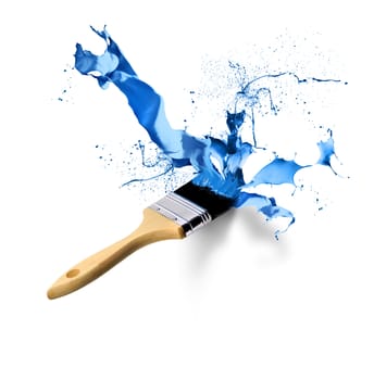 Brush painting splashing dripping blue paint on white background