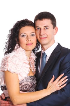 Sweet happy young couple smiling together. Isolated on white background